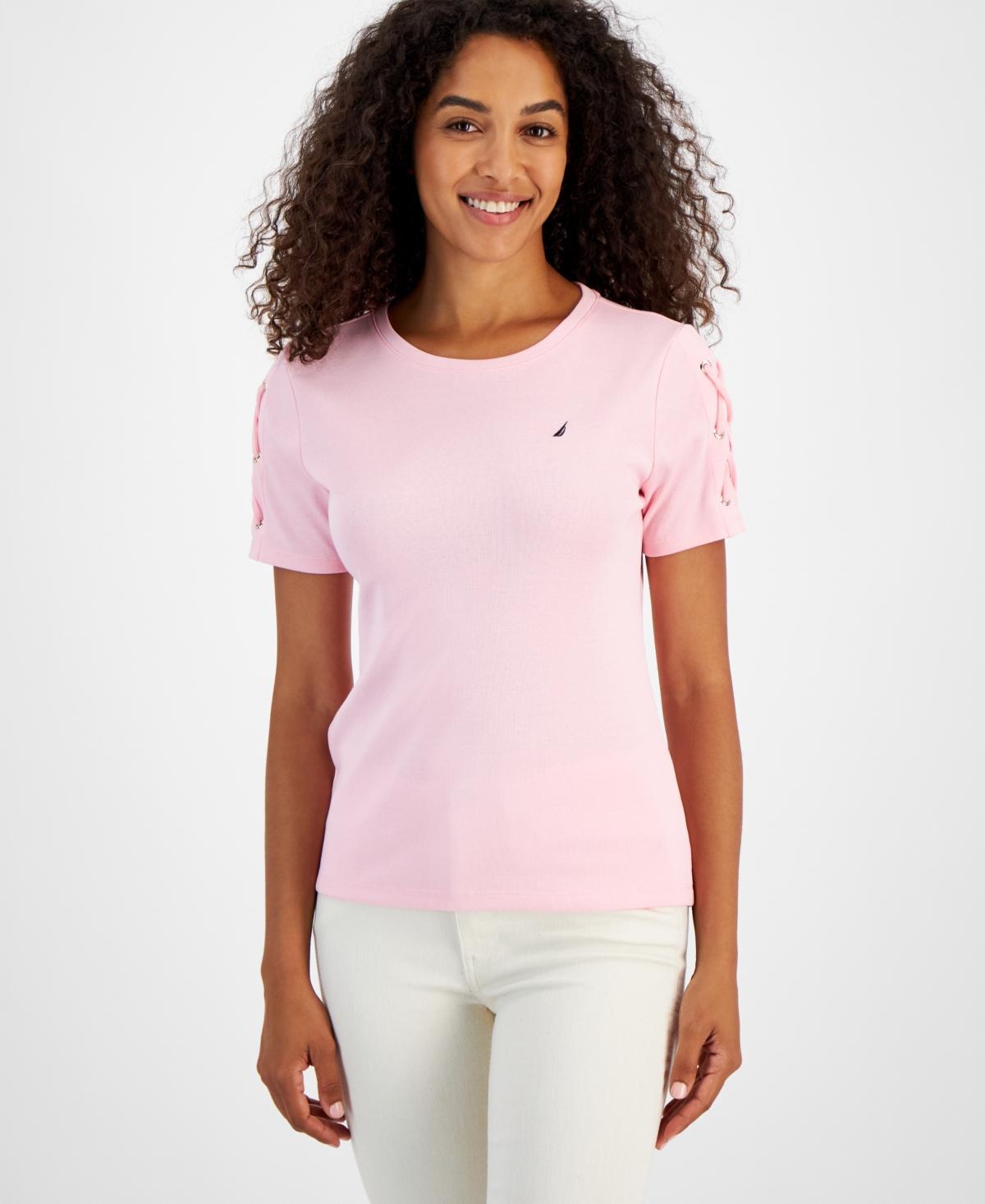 Nautica Jeans Womens Crewneck Lace-Up-Sleeve Cotton T-Shirt Product Image