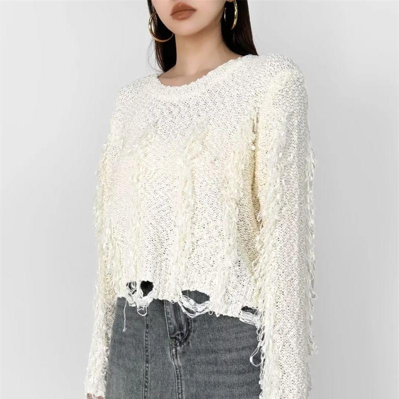 Long-Sleeve Round Neck Plain Fringed Distressed Crop Knit Top Product Image