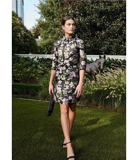 Abbey Glass Claudine Organza Floral Jacquard Ruffle Mock Neck 3/4 Sleeve Tie at Waist Above the Knee Shift Dress Product Image
