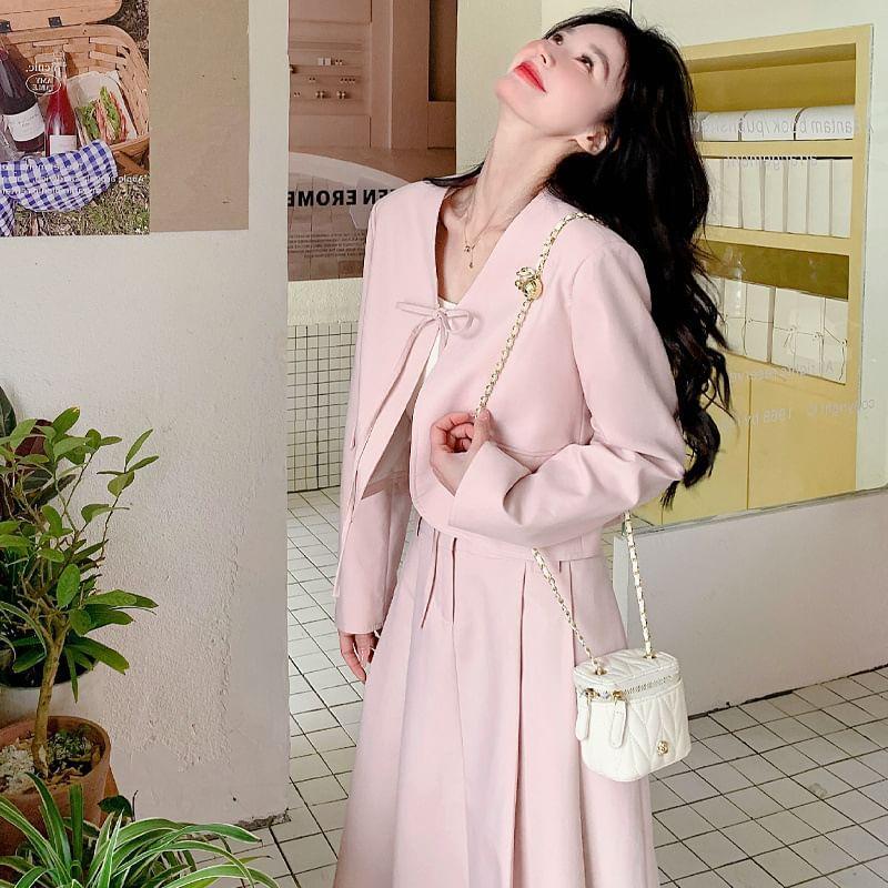Set: V-Neck Plain Tie Front Blazer + High Rise Pleated Midi A-Line Skirt Product Image