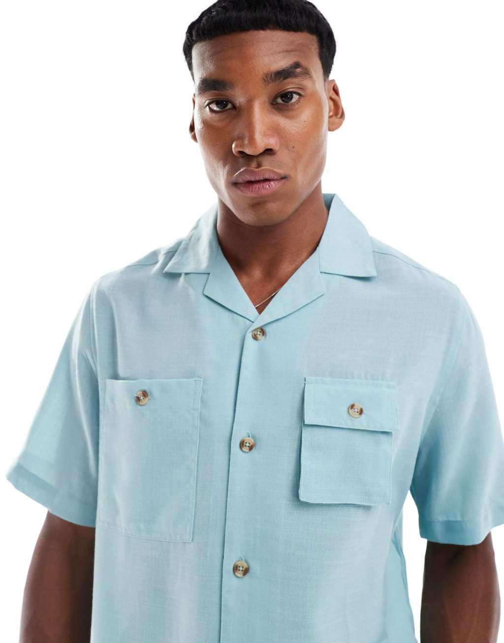 ASOS DESIGN relaxed revere shirt with utility pockets in dusty blue  Product Image