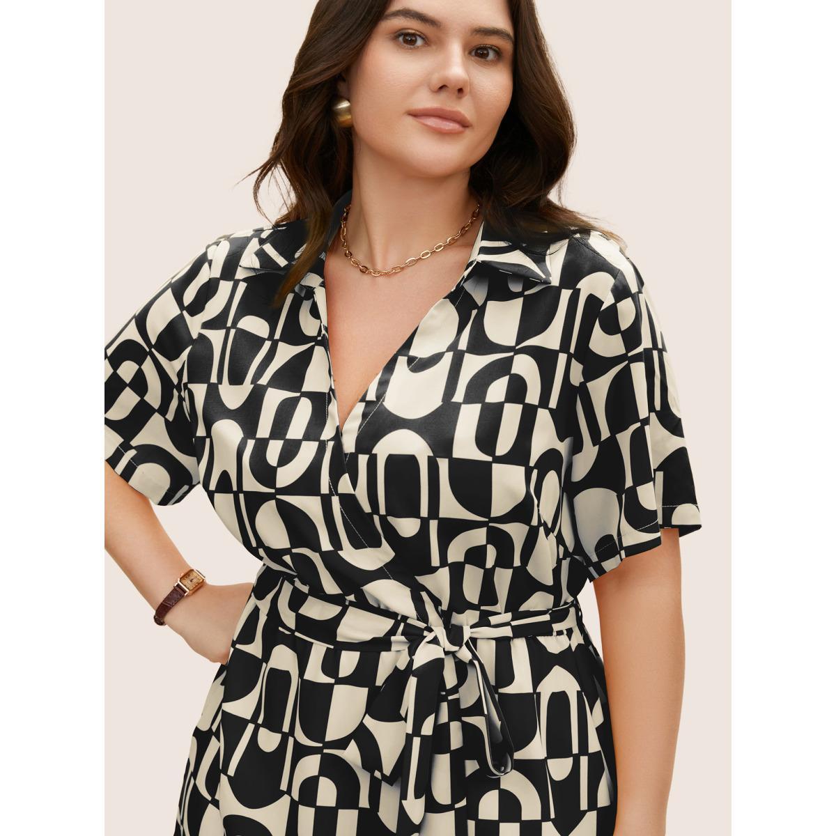 Plus Size Overlap Collar Geometric Belted Midi Dress Black Women At the Office Belted Overlap Collar Short sleeve Curvy BloomChic 26/4X Product Image