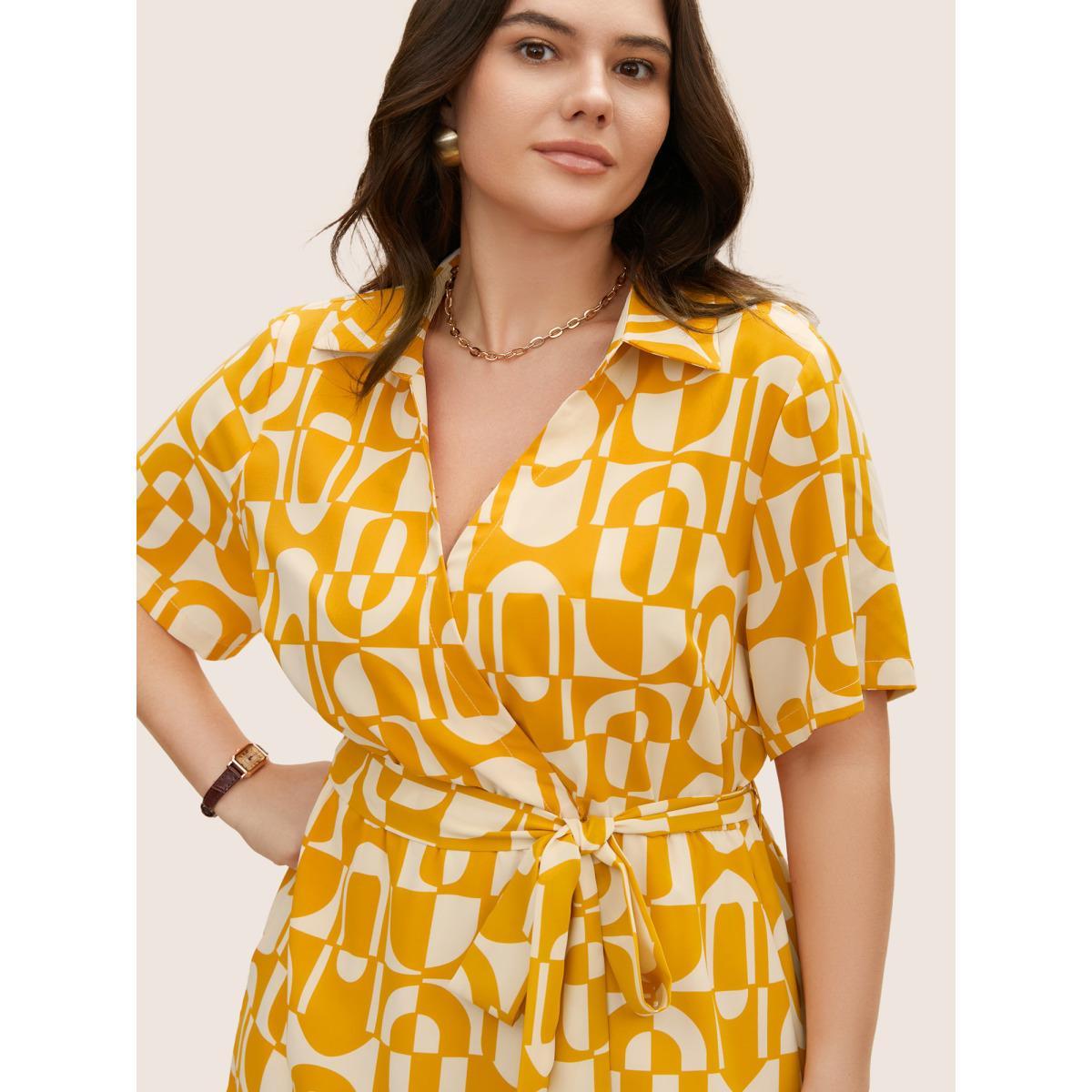 Plus Size Overlap Collar Geometric Belted Midi Dress Lightyellow Women At the Office Belted Overlap Collar Short sleeve Curvy BloomChic 18-20/2X Product Image