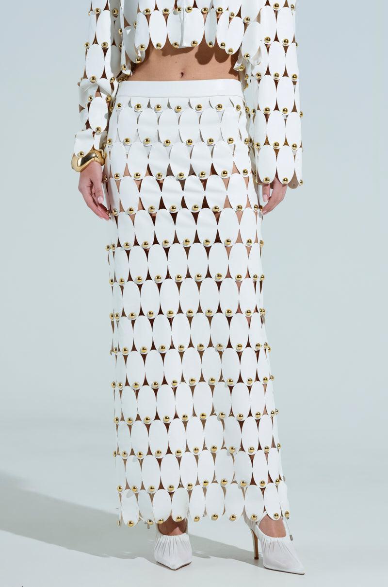 THE SNEAK PEEK STUDDED PU MIDI SKIRT IN WHITE Product Image