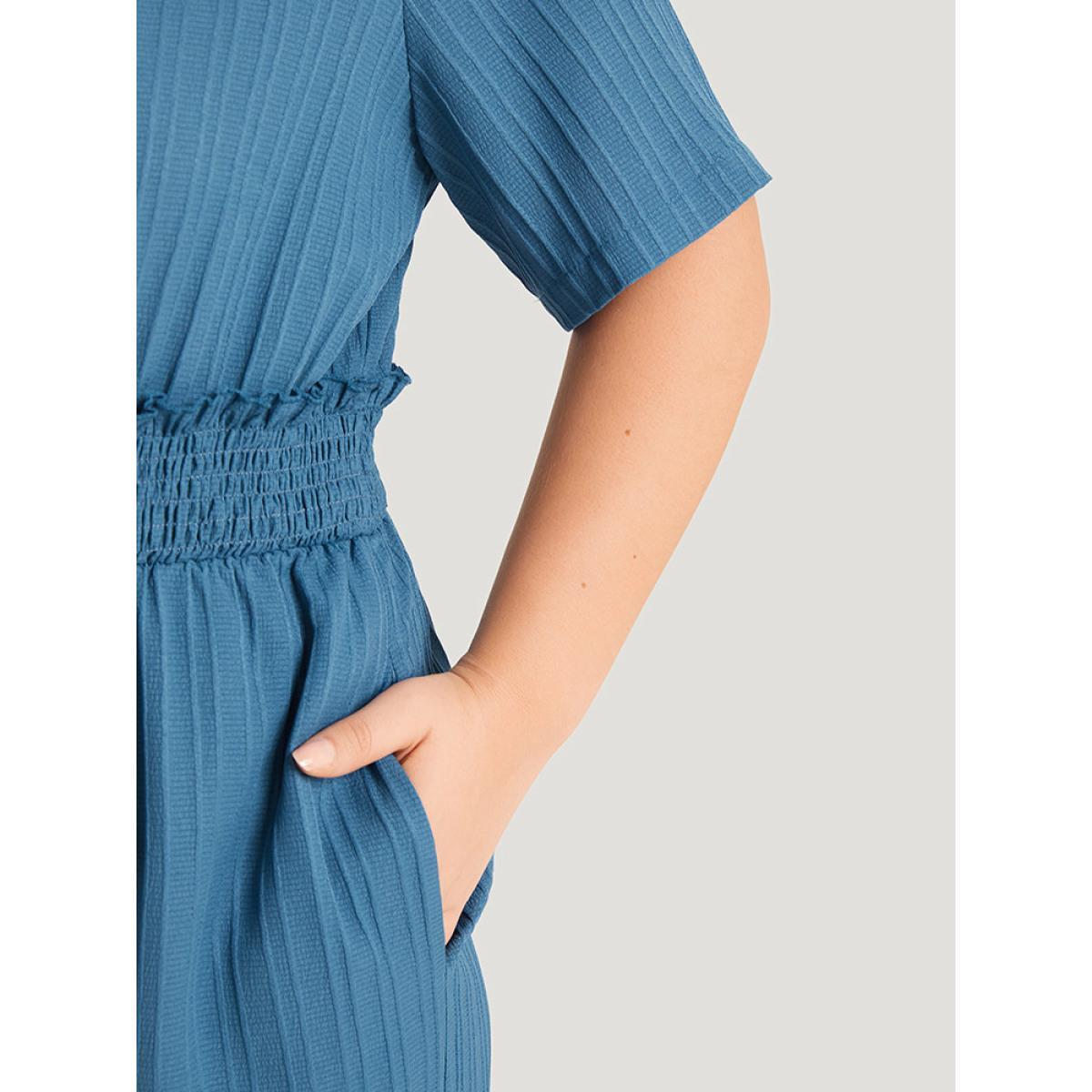 Plus Size Cerulean Textured Bowknot V Neck Shirred Pocket Jumpsuit Women Elegant Half Sleeve V-neck Dailywear Loose Jumpsuits BloomChic 12/L Product Image