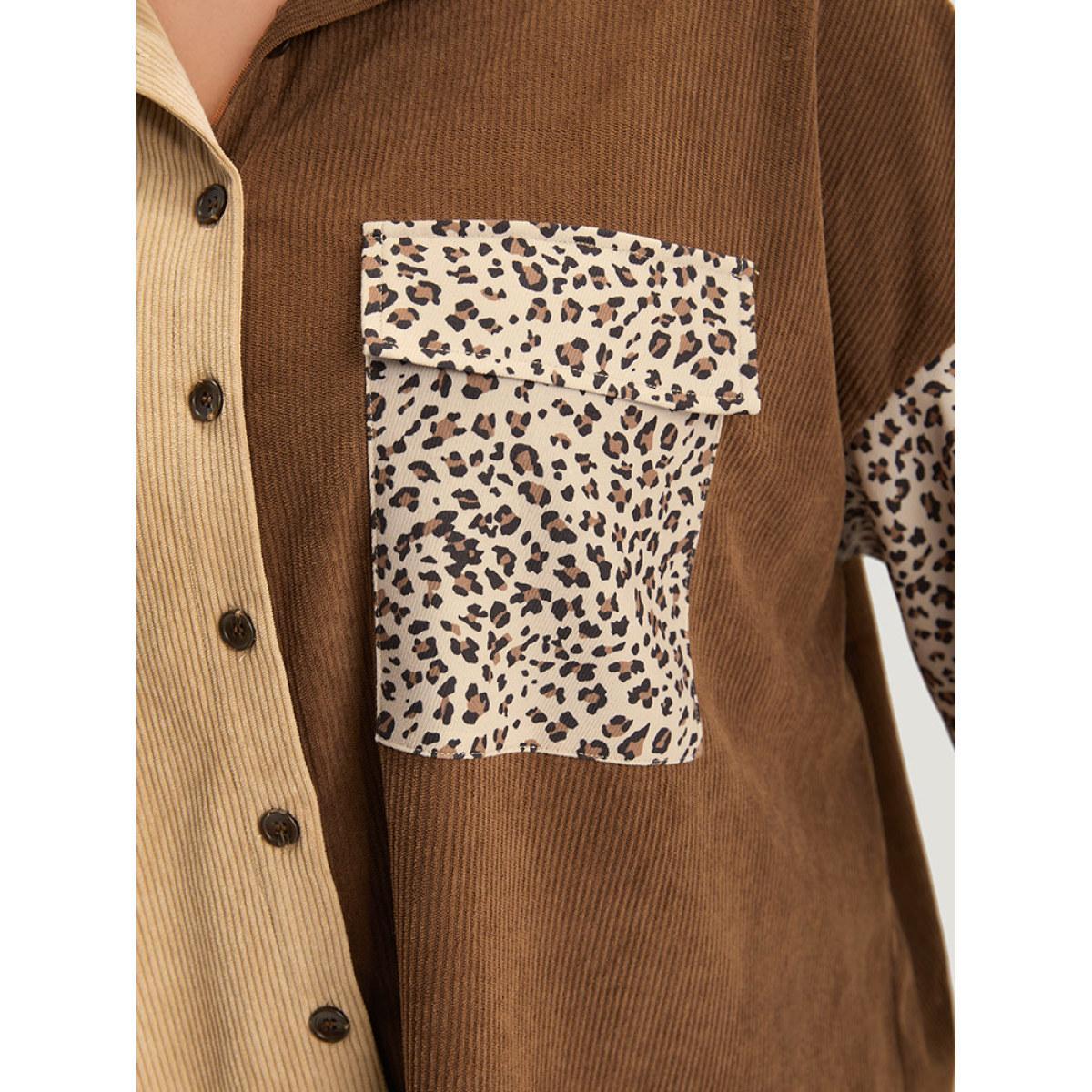 Plus Size Leopard Patchwork Pocket Contrast Button Through Coat Women DarkBrown Texture Pocket Dailywear Jackets BloomChic 18-20/2X Product Image