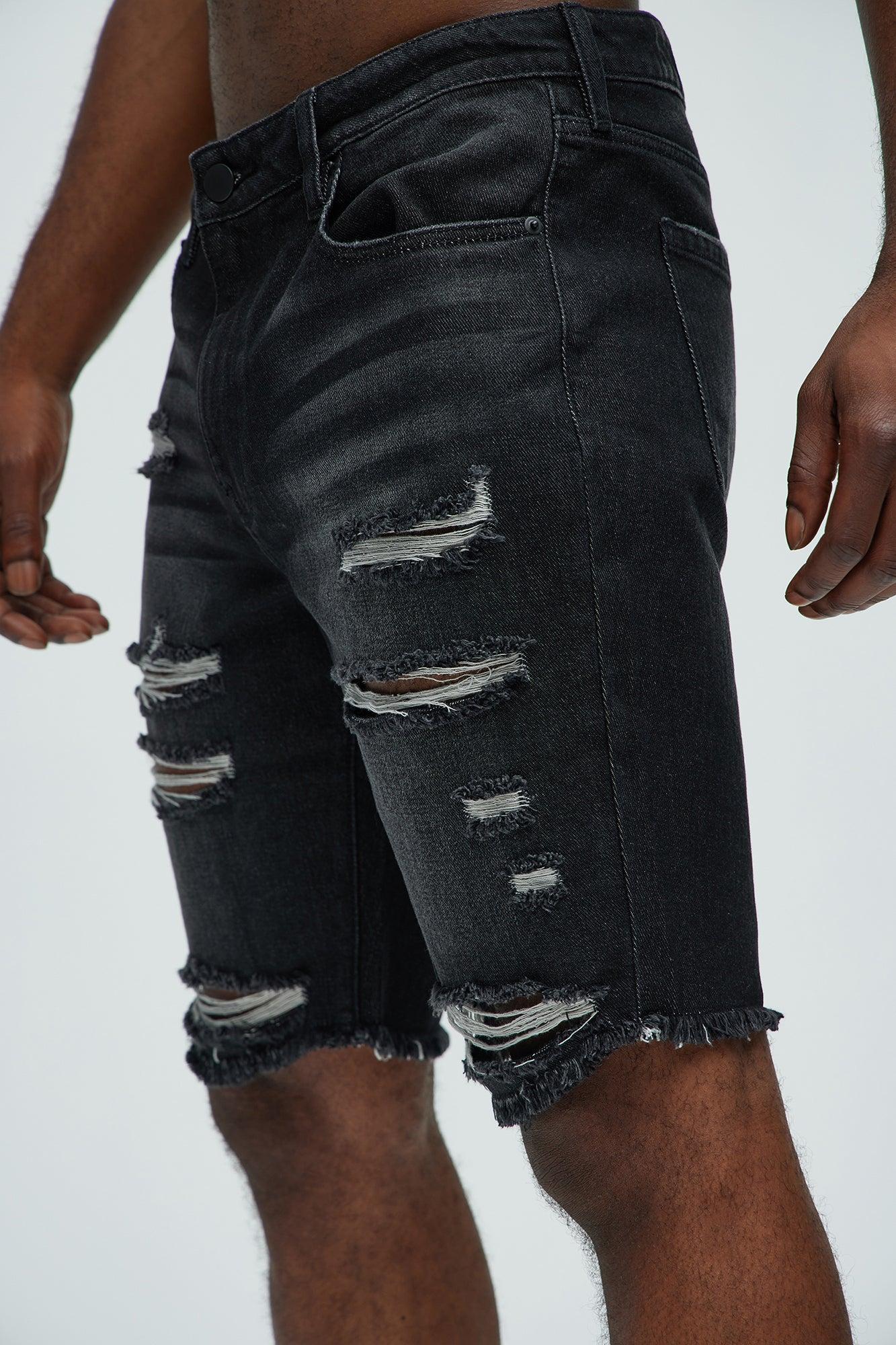 Back To It Distressed Raw Hem Slim Denim Shorts - Black Product Image