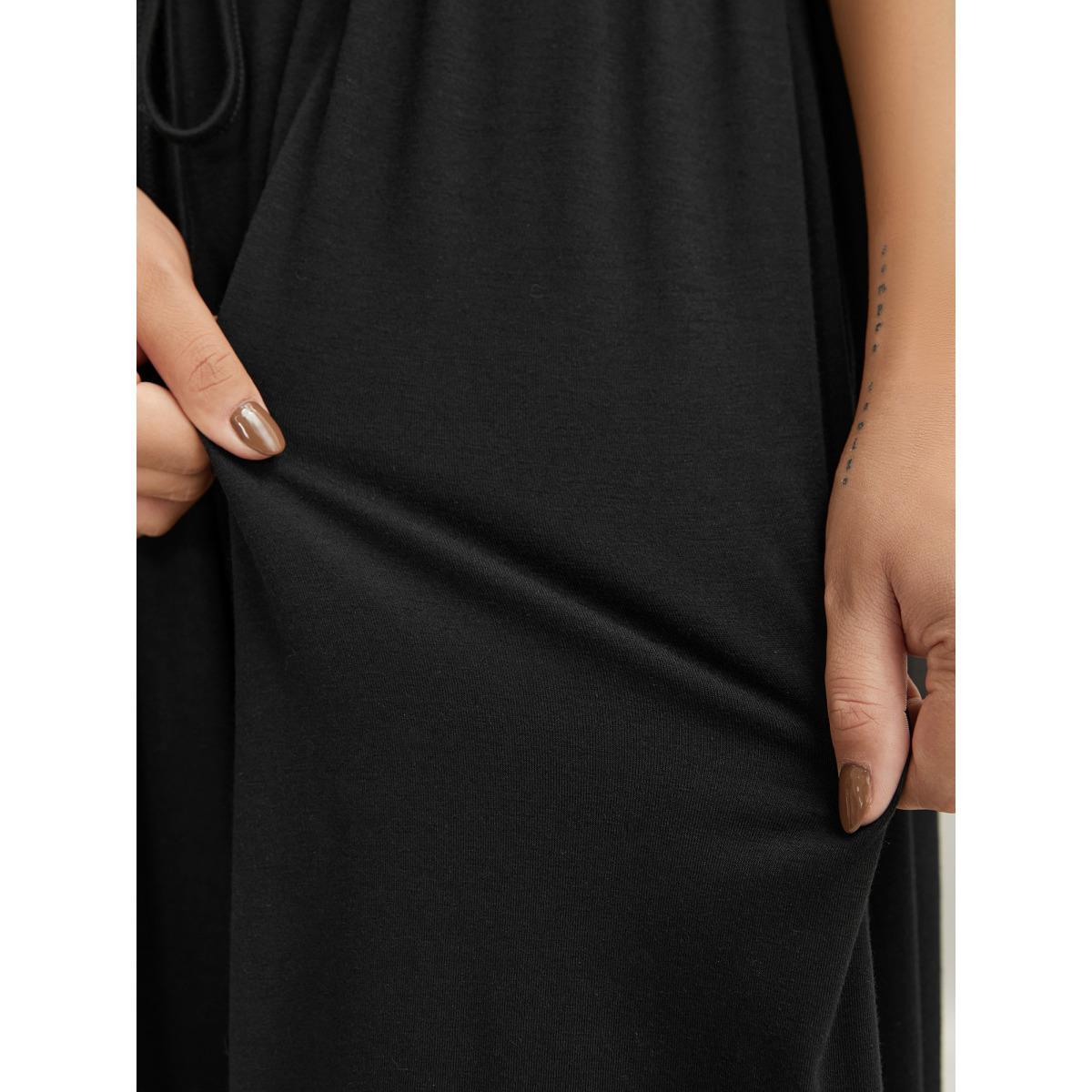 Plus Size Black Very Stretchy Lace Waist-Tie Jumpsuit Women Cap Sleeve V-neck Vacation Loose Jumpsuits BloomChic 30/6X Product Image