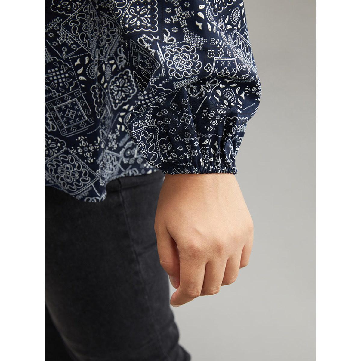 Plus Size Indigo Bandana Lace Insert Lantern Sleeve Blouse Women Resort Long Sleeve V-neck Vacation Blouses BloomChic 14-16/1X Product Image