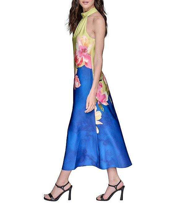 KARL LAGERFELD PARIS Halter Neck Charmeuse Floral Print Slip Midi Dress Product Image