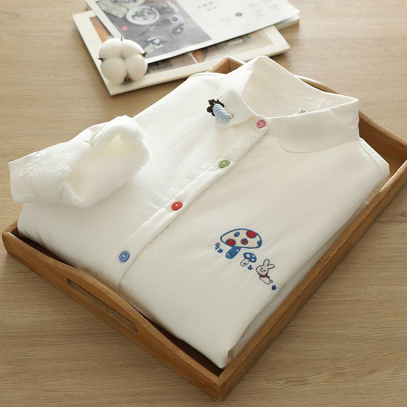Long-Sleeve Mushroom Embroidery Shirt Product Image