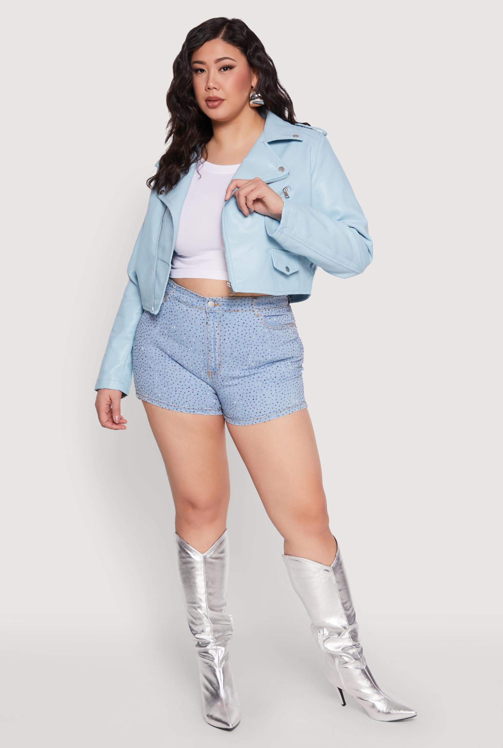Womens Plus Size Daisy Faux Leather Cropped Moto Jacket Product Image