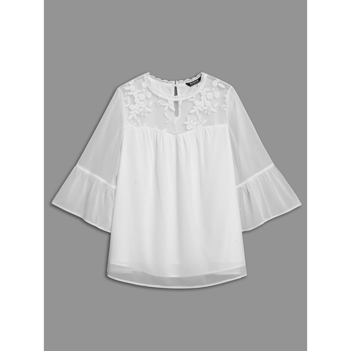 Plus Size Opticwhite Dreamy Lace Neck Flared Sleeve Chiffon Blouse Women Elegant Elbow-length sleeve Stand-up collar Everyday Blouses BloomChic 28/5X Product Image