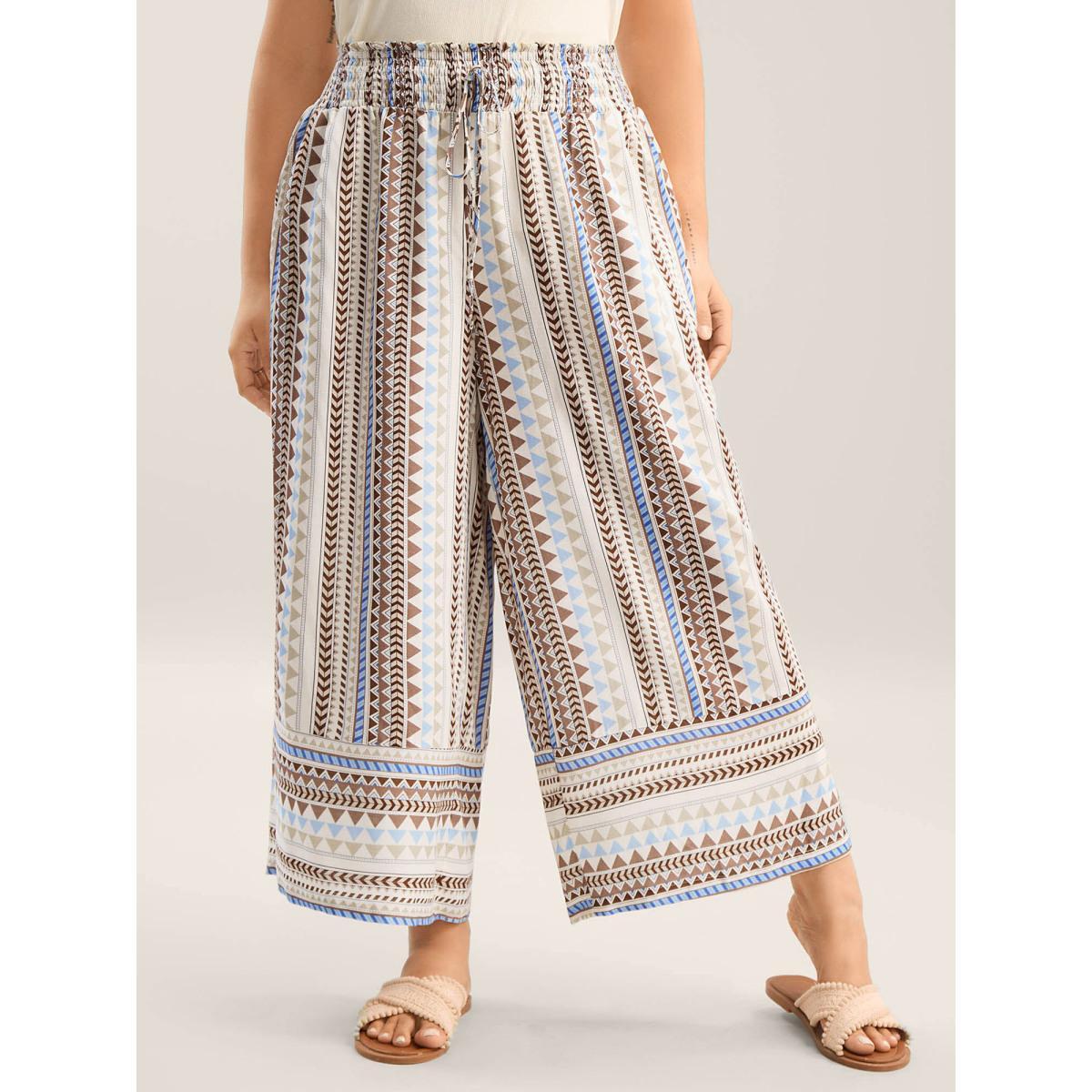 Plus Size Boho Stripes Wide-Leg Pants Women LightBrown Resort Wide Leg Mid Rise Vacation Pants BloomChic 22-24/3X Product Image