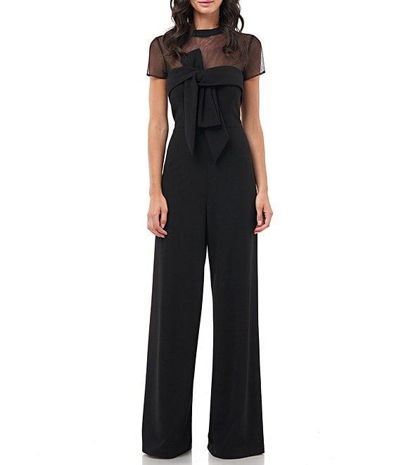 JS Collections Illusion Mock Neck Bow Front Short Sleeve Wide Leg Crepe Jumpsuit Product Image