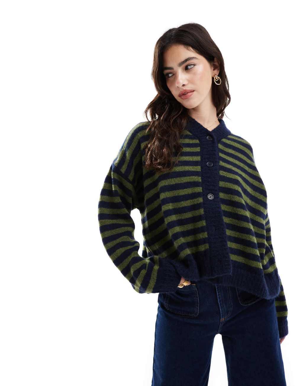 ASOS DESIGN knitted v neck cardigan in navy and green stripe Product Image