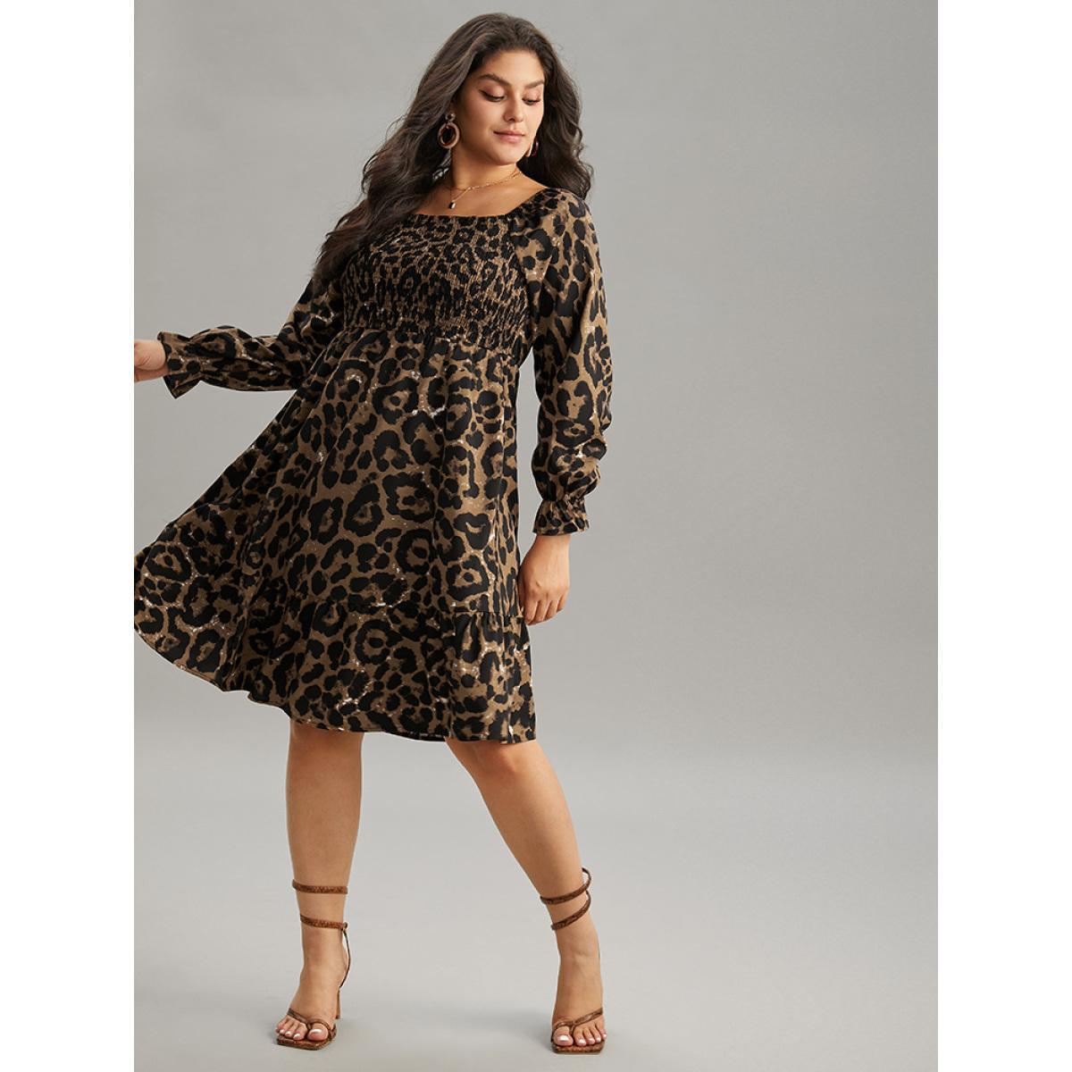Plus Size Square Neck Leopard Shirred Ruffles Dress Leopard Women Elegant Gathered Square Neck Long Sleeve Curvy Knee Dress BloomChic 28/5X Product Image