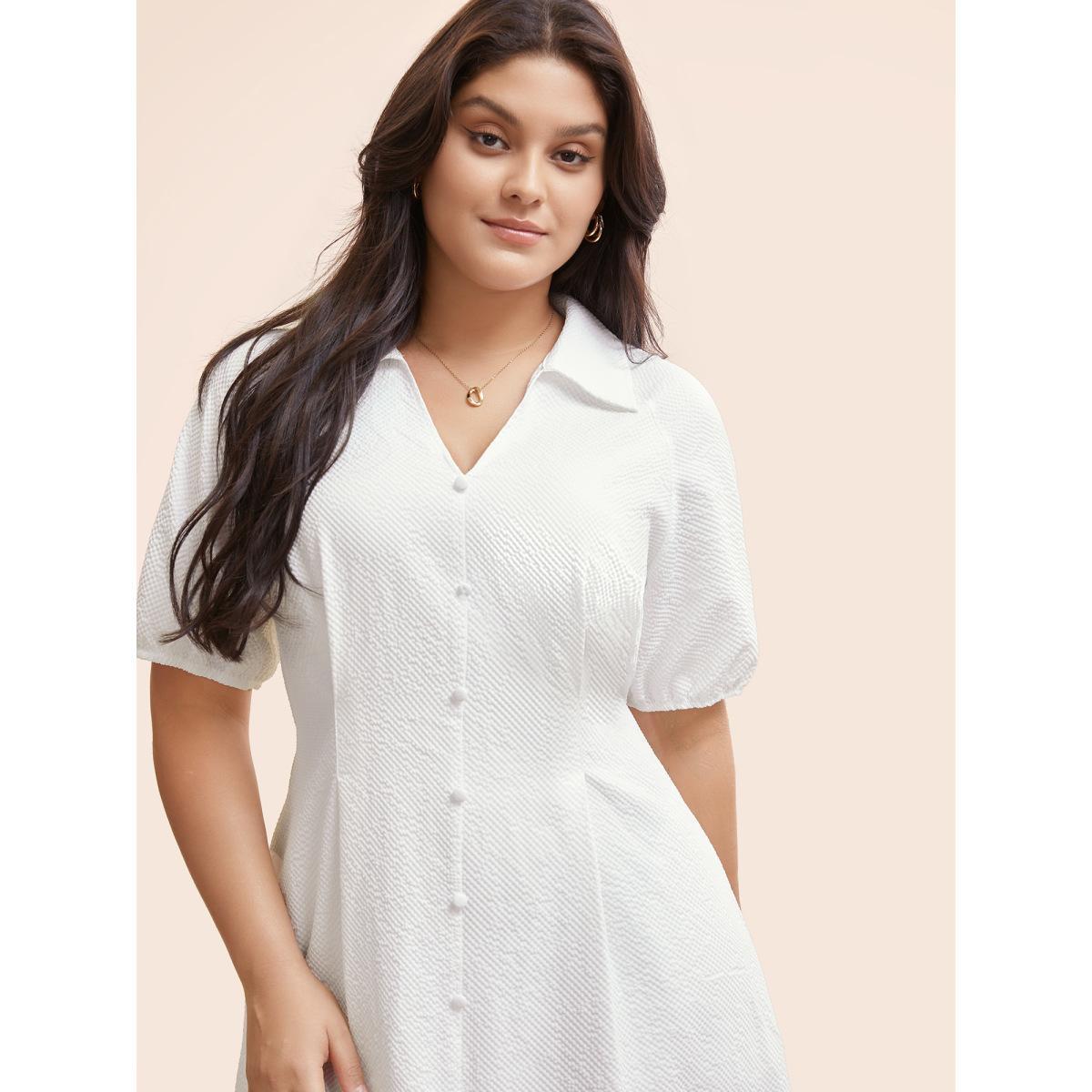 Plus Size Texture Shirt Collar Button Detail Split Front Dress Ivory Women At the Office Texture Shirt collar Half Sleeve Curvy BloomChic 12/L Product Image