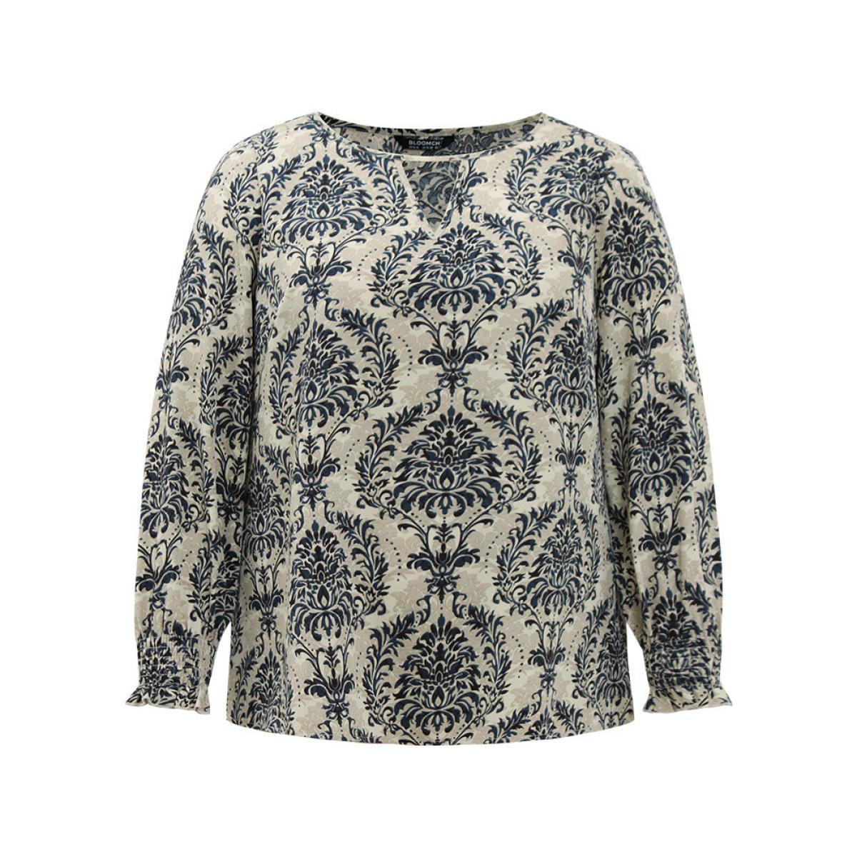 Plus Size Multicolor Bandana Print Keyhole Shirred Lantern Sleeve Blouse Women Vacation Long Sleeve Keyhole Cut-Out Vacation Blouses BloomChic 26/4X Product Image