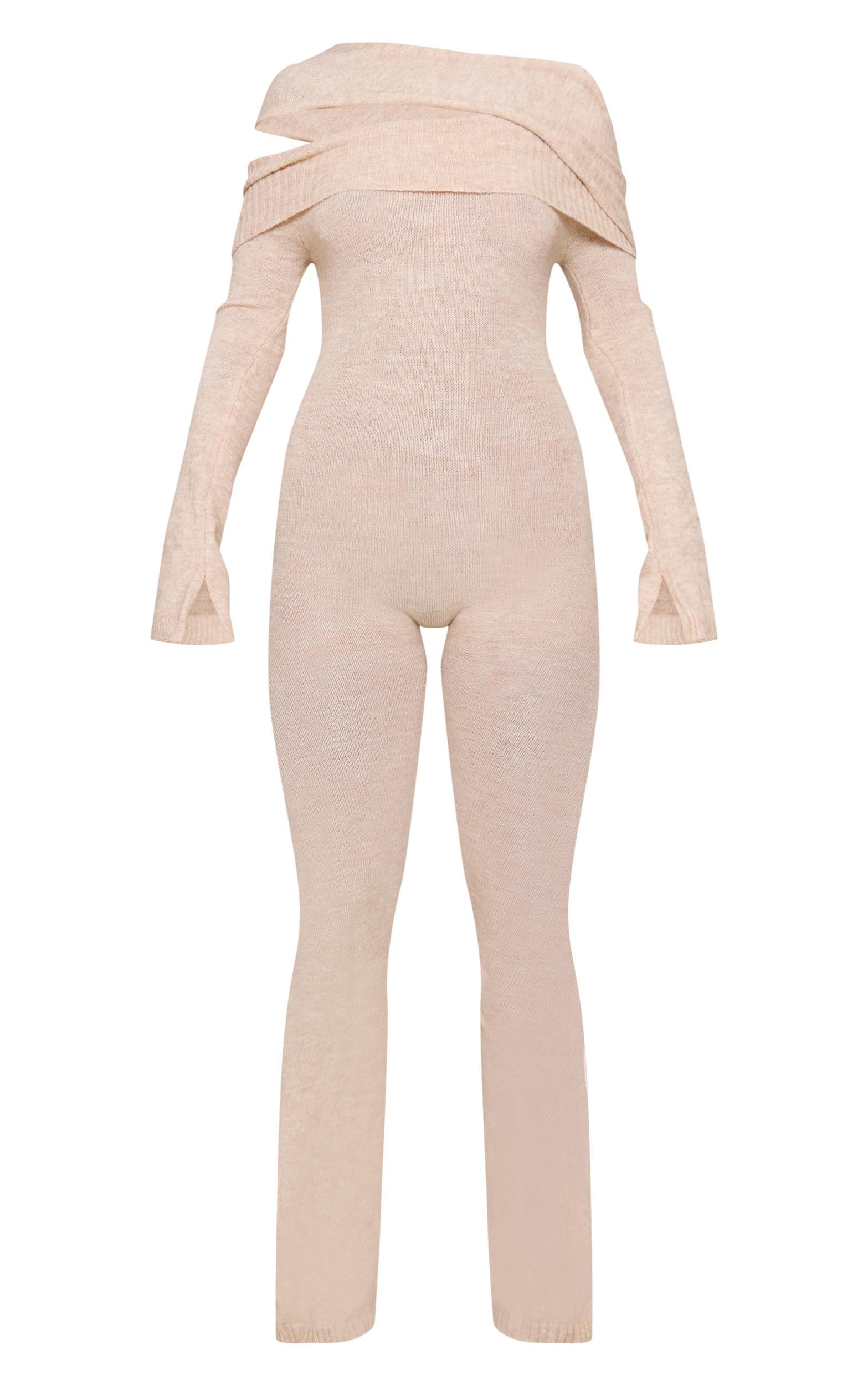 Oatmeal Soft Knit Bardot Foldover Asymmetric Neck Jumpsuit Product Image
