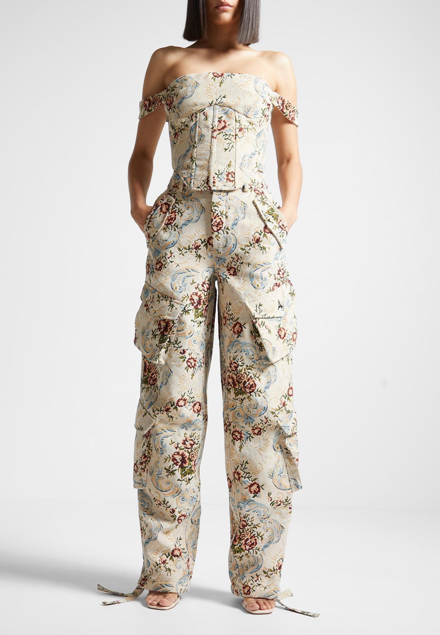 Floral Jacquard High Waisted Cargo Pants - Beige Female Product Image