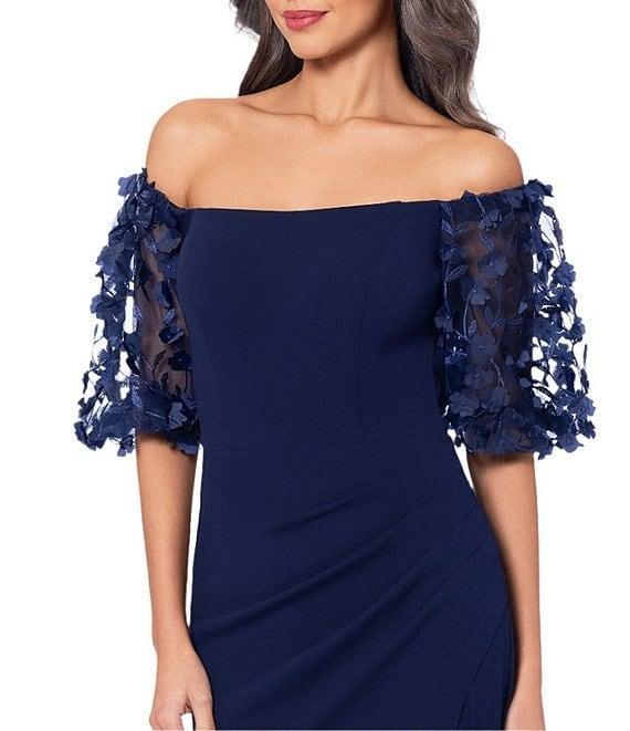 Xscape 3D Flower Applique Off-the-Shoulder Short Puffed Sleeve Scuba Crepe Sheath Gown Product Image
