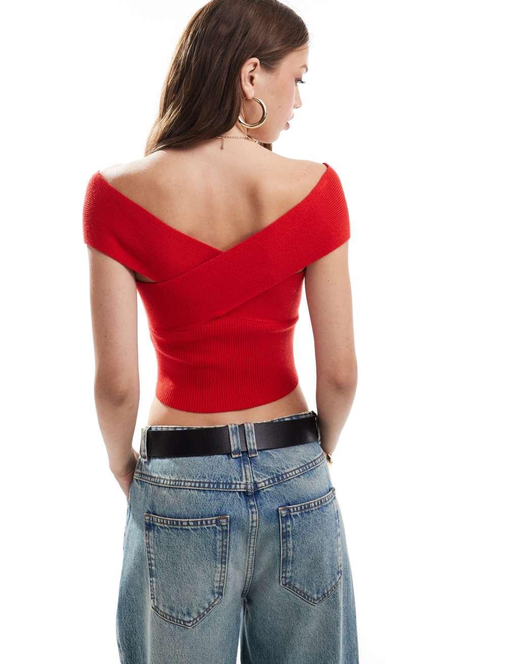 Miss Selfridge rib knit twist front short sleeve off the shoulder top in red Product Image