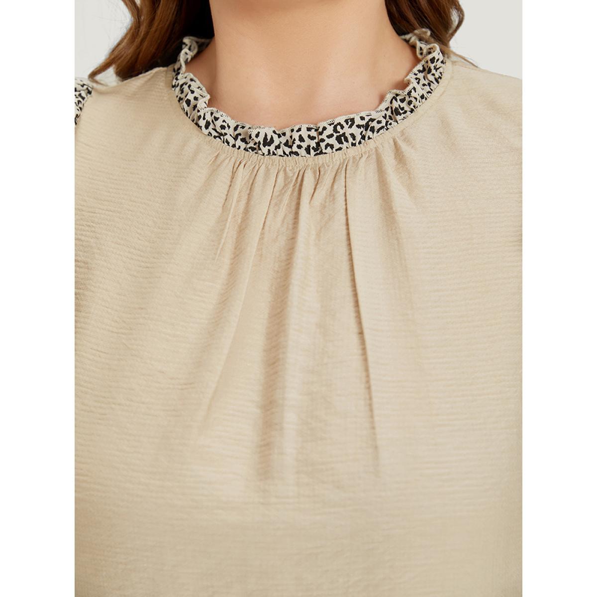 Plus Size Apricot Leopard Patchwork Halter Frill Trim Flutter Sleeve Blouse Women Elegant Cap Sleeve Halter neck Dailywear Blouses BloomChic 30/6X Product Image