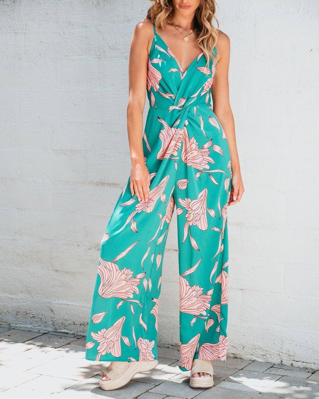 Caribbean Green Floral Print Jumpsuit - FINAL SALE Product Image