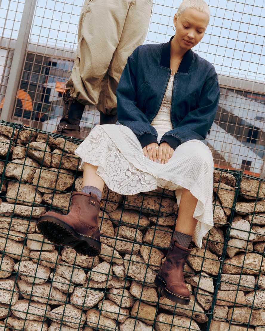 DR. MARTENS' Anistone Lo Leather Biker Boots In Brown Product Image