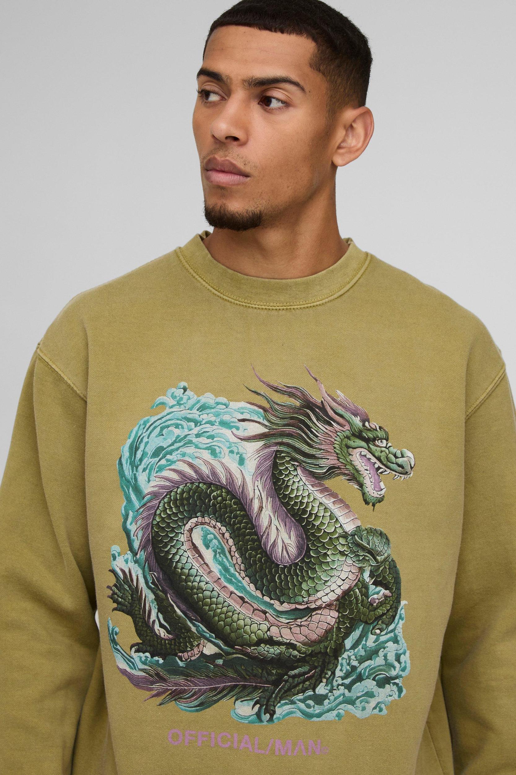 Oversized Washed Official Dragon Graphic Sweatshirt | boohooMAN USA Product Image