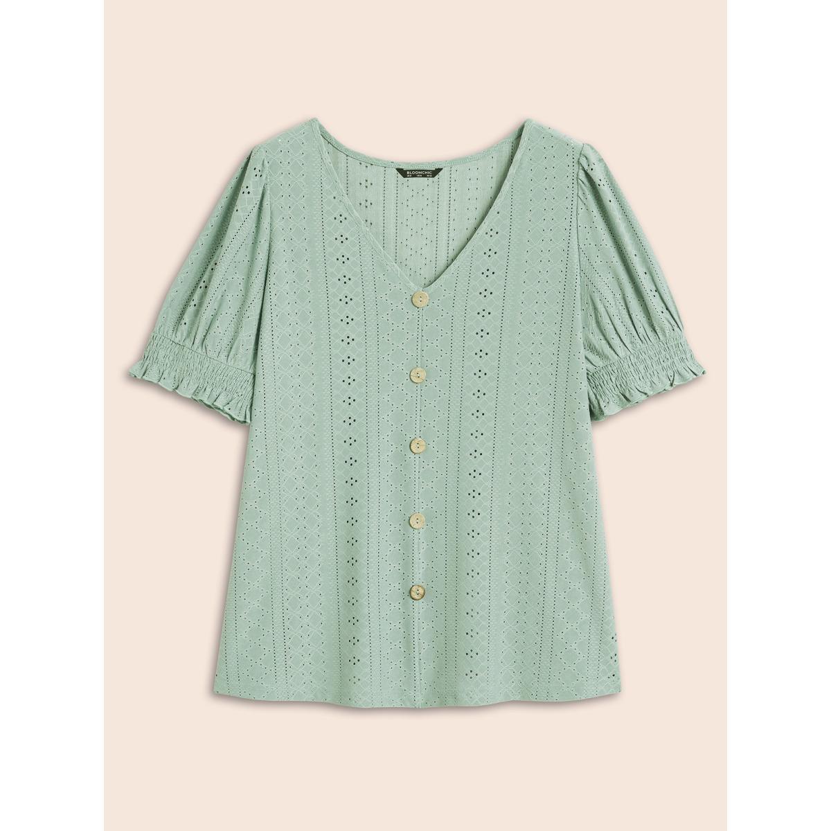 Plus Size Plain Broderie Anglaise Shirred Puff Sleeve Button Detail T-shirt Sage Women Casual Button Plain V-neck Everyday T-shirts BloomChic 28/5X Product Image