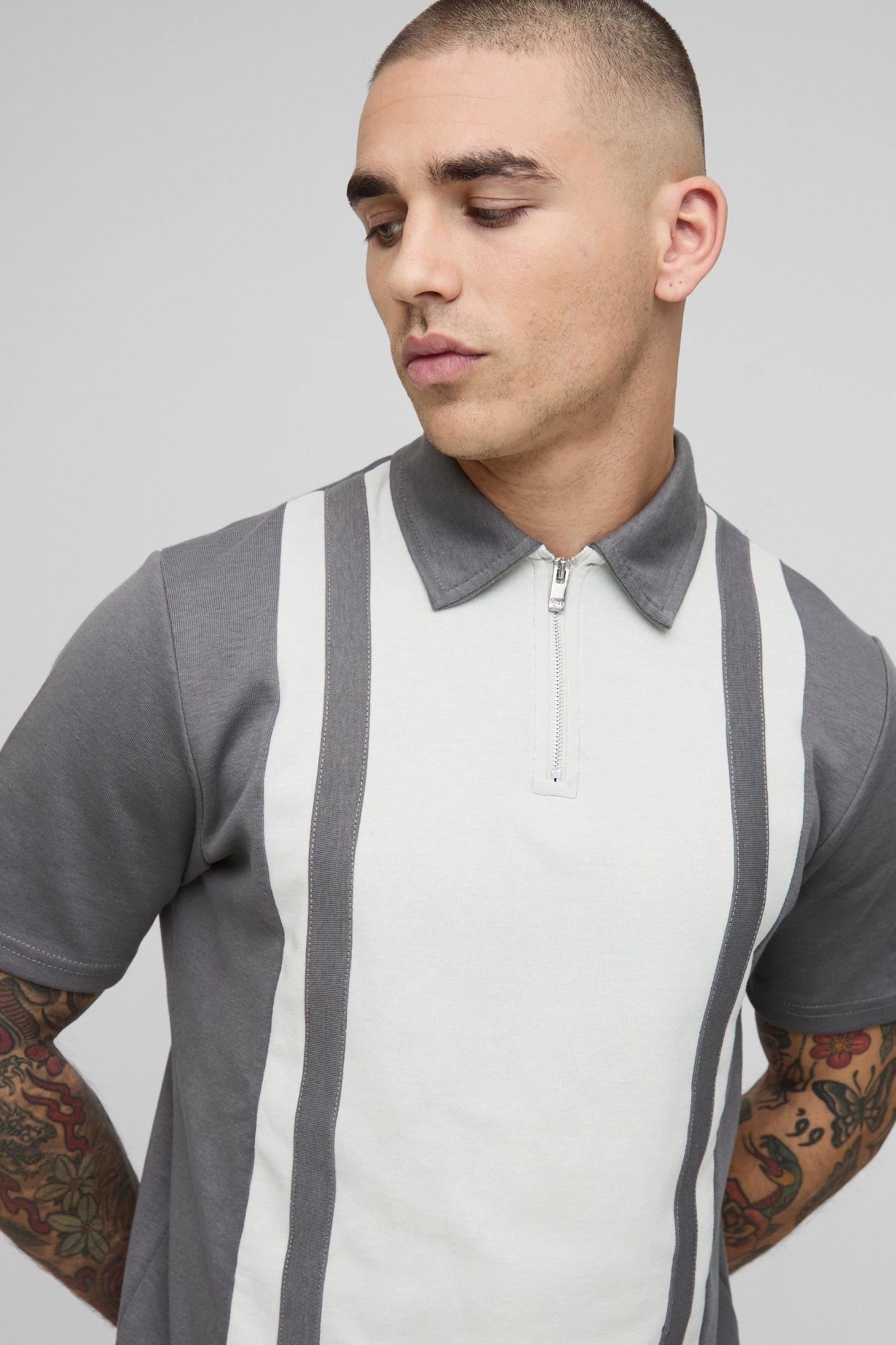 Slim Panelled Zip Neck Interlock Polo | boohooMAN USA Product Image