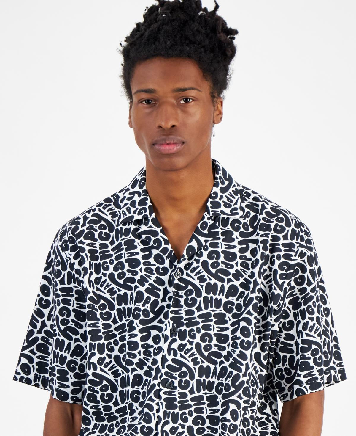 HUGO BOSS Hugo By  Men's Eligino Relaxed Fit Short Sleeve Button Front Logo Camp Shirt In Black Product Image