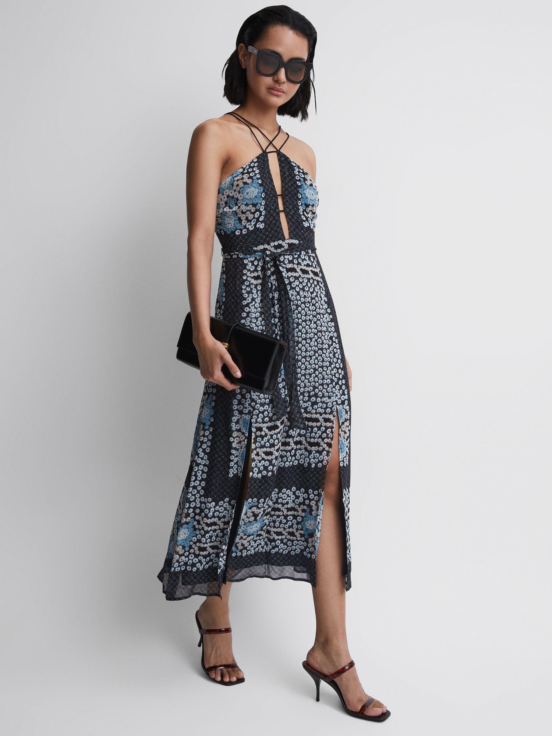Floral Print Fitted Midi Dress in Navy/Blue Product Image