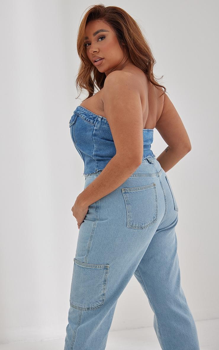 Plus Mid Blue Wash Corset Button Up Crop Top Product Image
