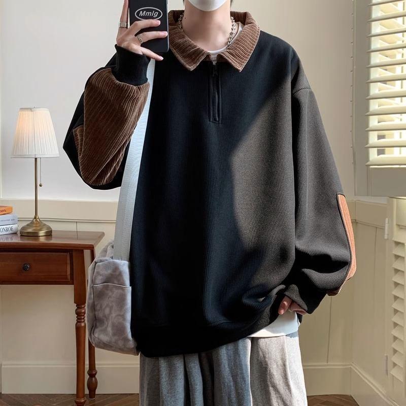 Collared Two Tone Half-Zip Waffle Sweatshirt Product Image