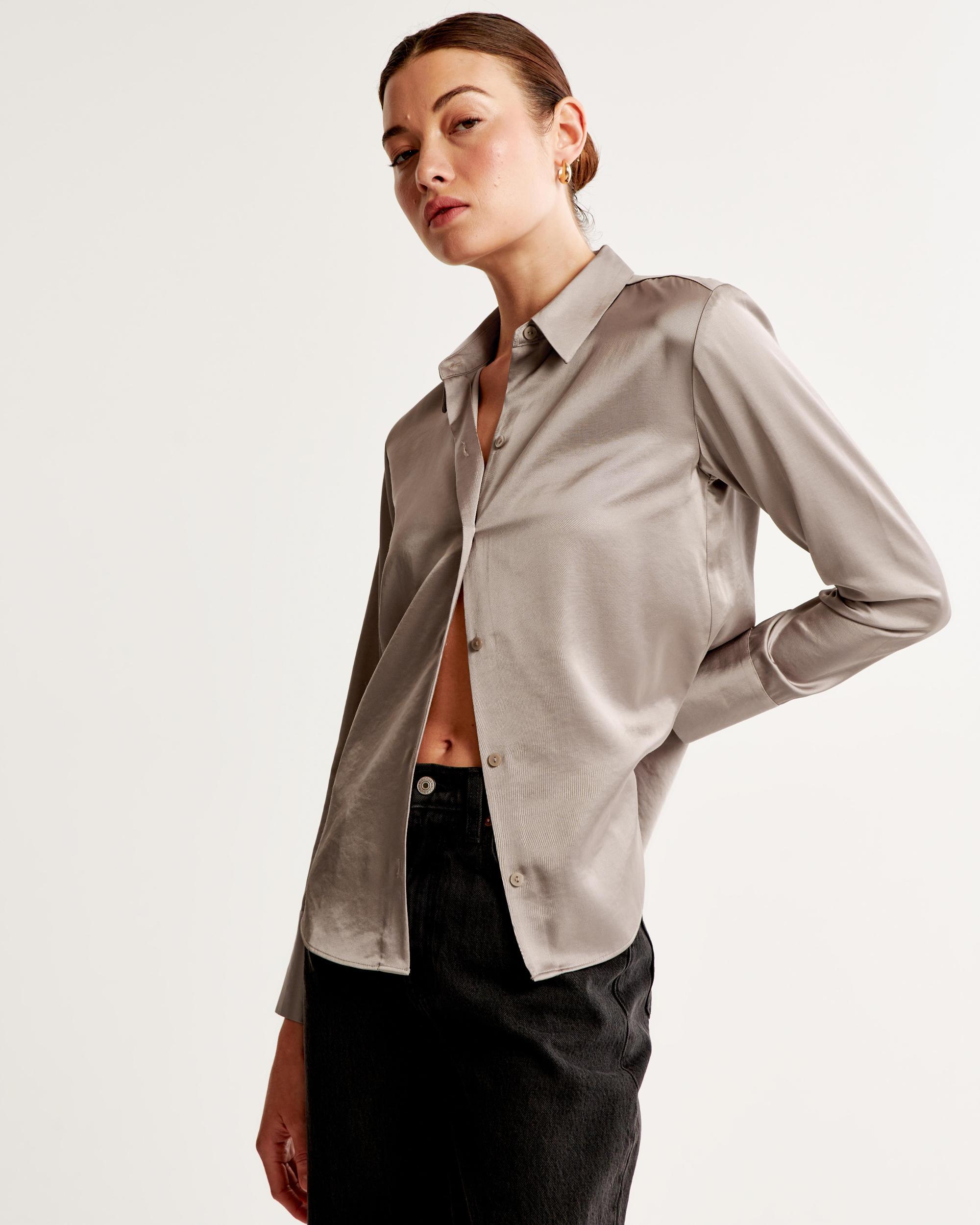 Long-Sleeve Satin Button-Up Shirt Product Image