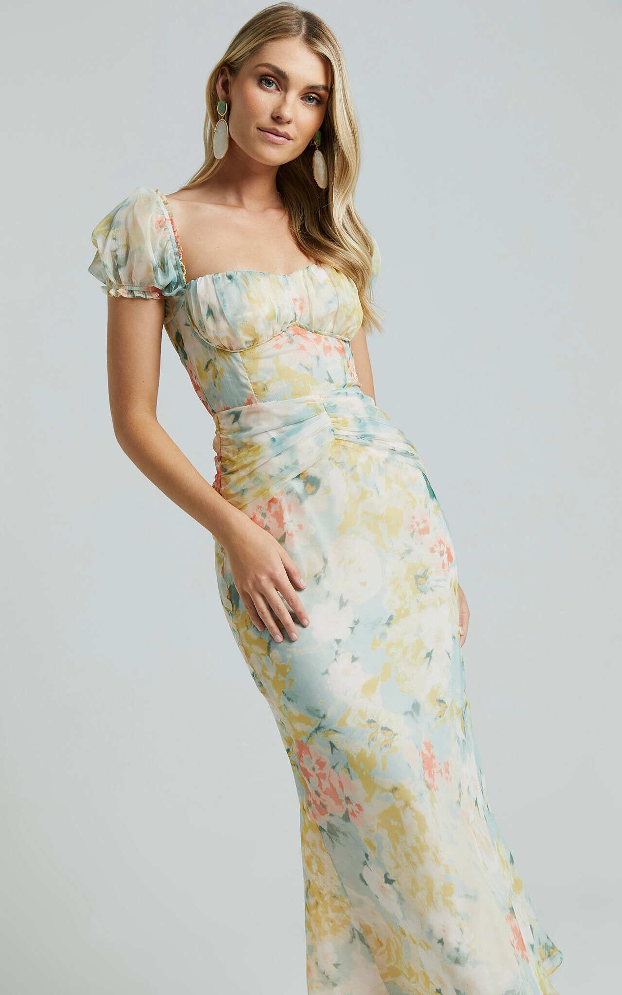 Debina Maxi Dress - Sweetheart Neckline Short Sleeve Dress in Yellow Product Image