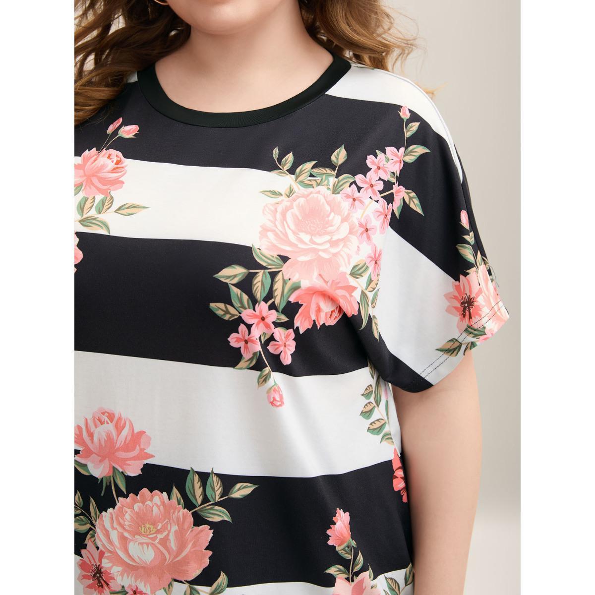 Plus Size Floral Stripes Print Stretchy T-Shirt Multicolor Women Casual Contrast Natural Flowers Round Neck Everyday T-shirts BloomChic 10/M Product Image