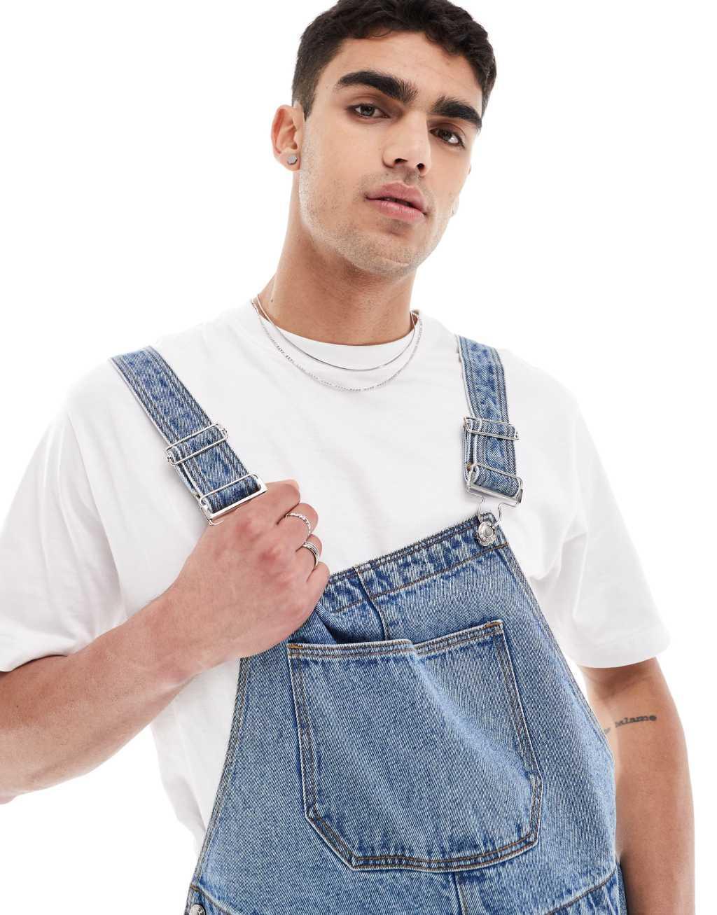 ASOS DESIGN short length denim overalls in mid wash blue Product Image