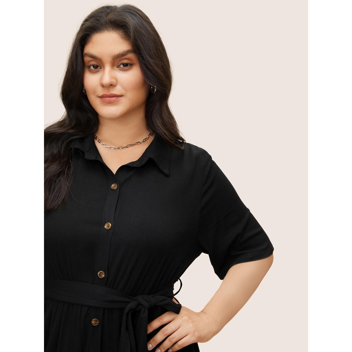 Belted Shirt Collar Button Plus Size Shirtdress Women Workleisure Plain Sleeve Short Sleeve Shirt Collar Pocket Workwear Long Dress BloomChic Product Image