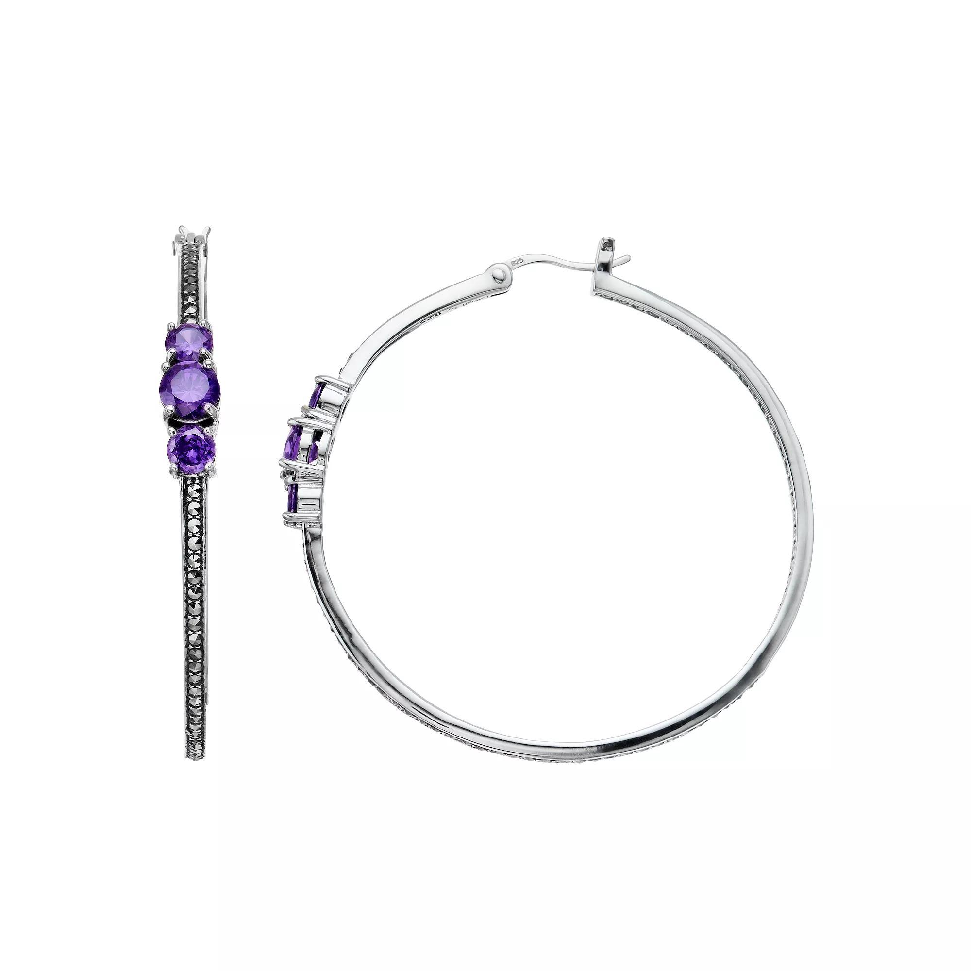 Lavish by TJM Sterling Silver Purple Cubic Zirconia & Marcasite Hoop Earrings, Womens Product Image