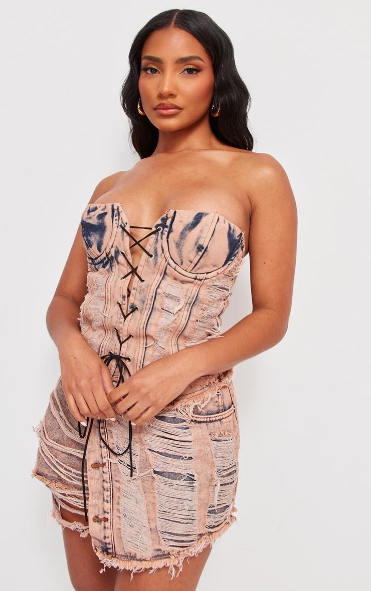 Pink Acid Wash Distressed Wrap Over Denim Skirt Product Image