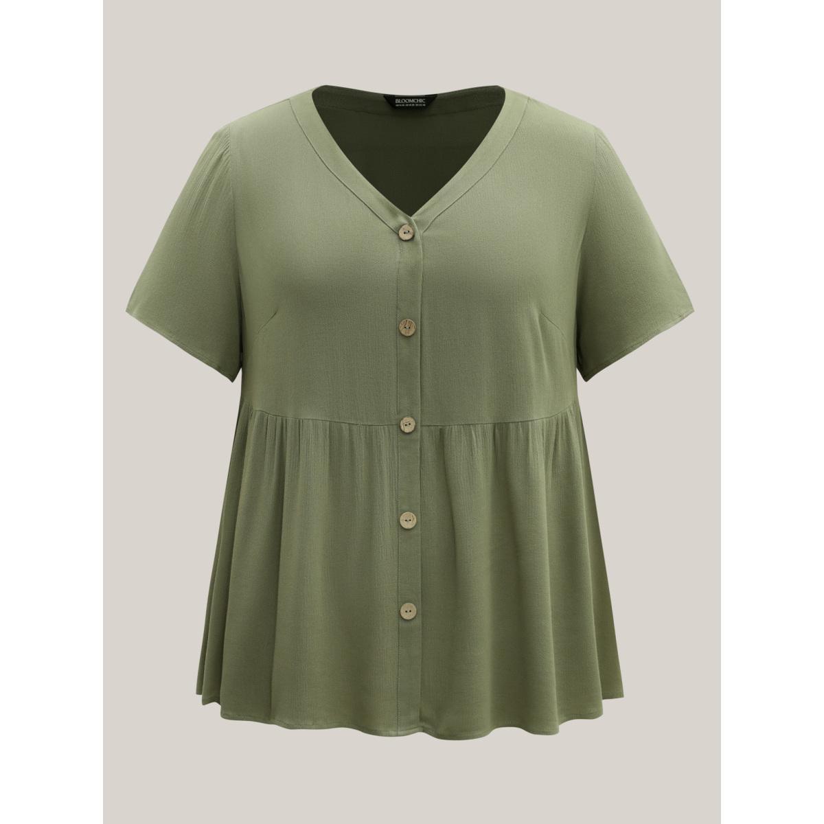 Plus Size Moss Textured Button Placket V-Neck Shirt Women Short sleeve V-neck Everyday-Casual Blouses BloomChic 14-16/1X Product Image
