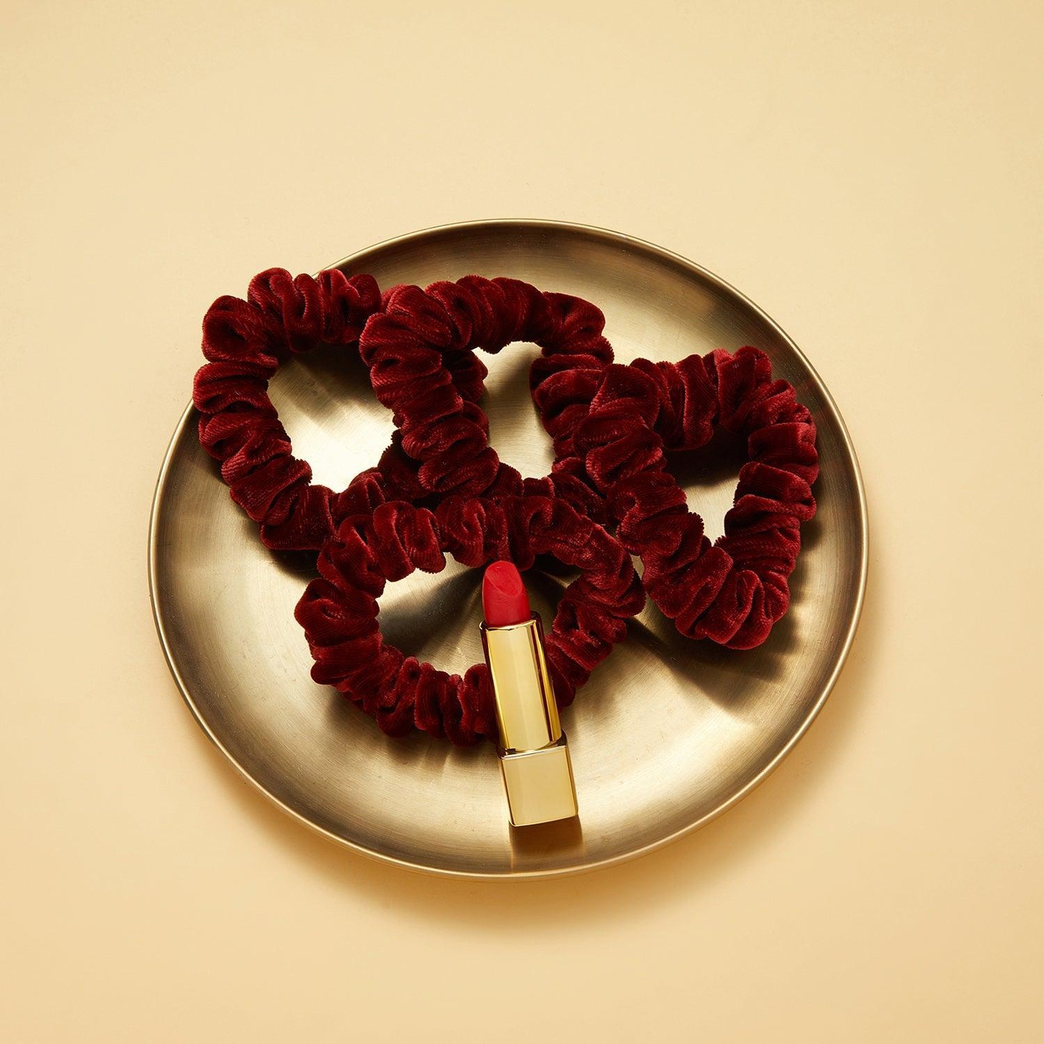 Silk Velvet Handmade Scrunchie Set of Two | 0.8 Inch & 2 Inch | Lipstick Collection Product Image
