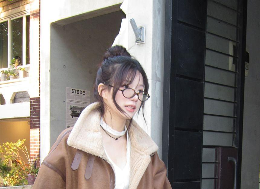 Stand Collar Faux Shearling Zip Jacket Product Image