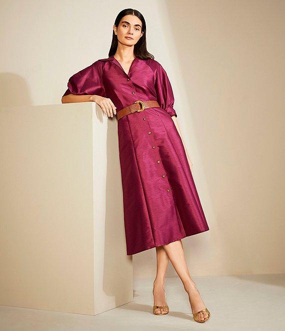 Donna Karan Short Sleeve Collared Neck Belted Midi Dress Product Image