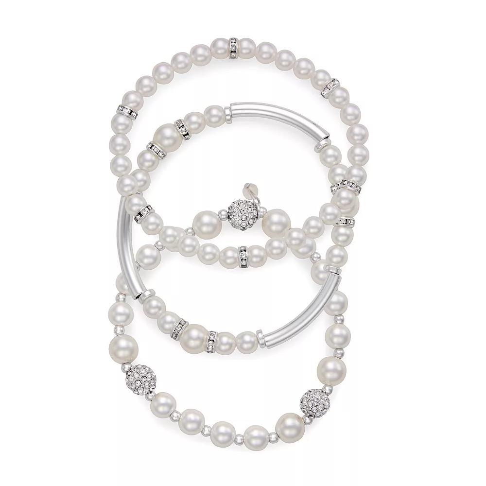 Youre Invited Silver Tone 3-Piece Crystal & Simulated Pearl Bracelet Set, Womens, White Product Image