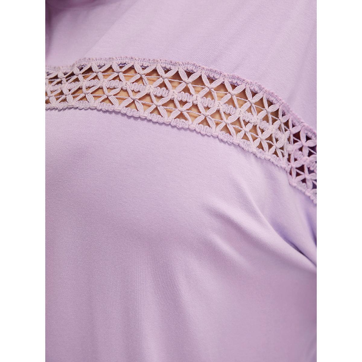 Plus Size Solid Batwing Sleeve Eyelet Lace T-shirt Lilac Women Elegant Lace Plain Round Neck Dailywear T-shirts BloomChic 14-16/1X Product Image
